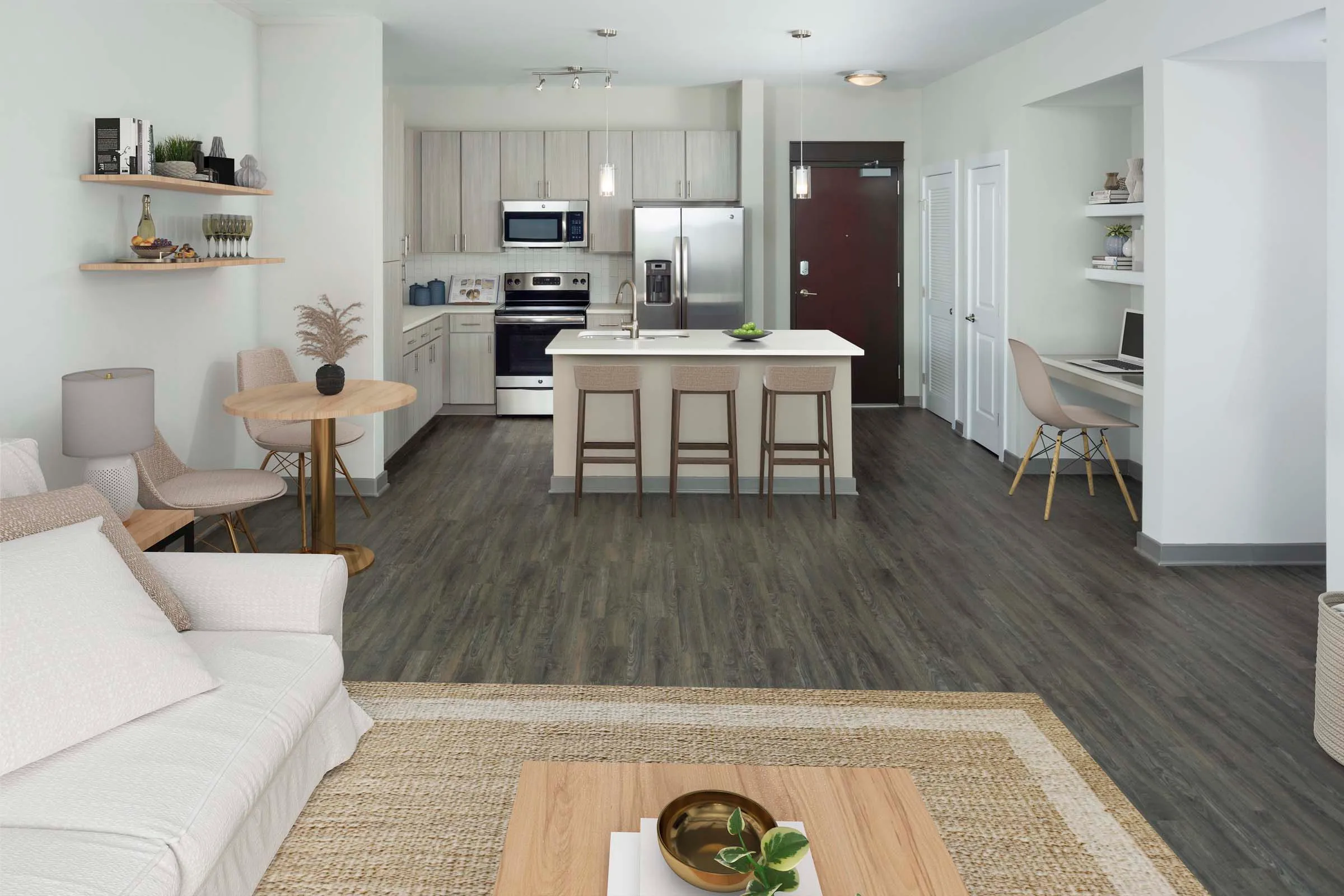 Open-concept living room with gray finishes